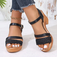 Women's Weave High Heels Sandals Thick Platform Ankle Strap Shoes