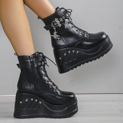 Women's Black Punk Goth Platform Wedge Boots Casual Heels