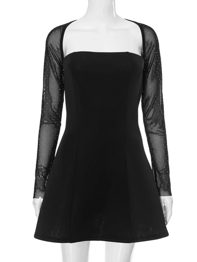 Women's Black Square Collar High Waist A-line Party Dress