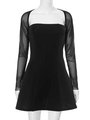 Women's Black Square Collar High Waist A-line Party Dress