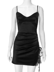 V-neck Black Lace Patchwork Spaghetti Strap Mini Dress