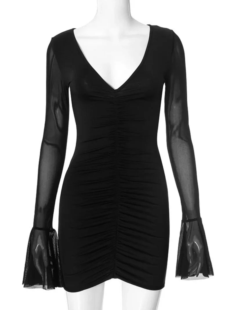 Women's Elegant V-Neck Black Mesh Patchwork Flare Sleeve Dress