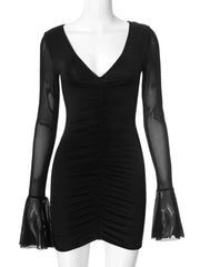 Women's Elegant V-Neck Black Mesh Patchwork Flare Sleeve Dress
