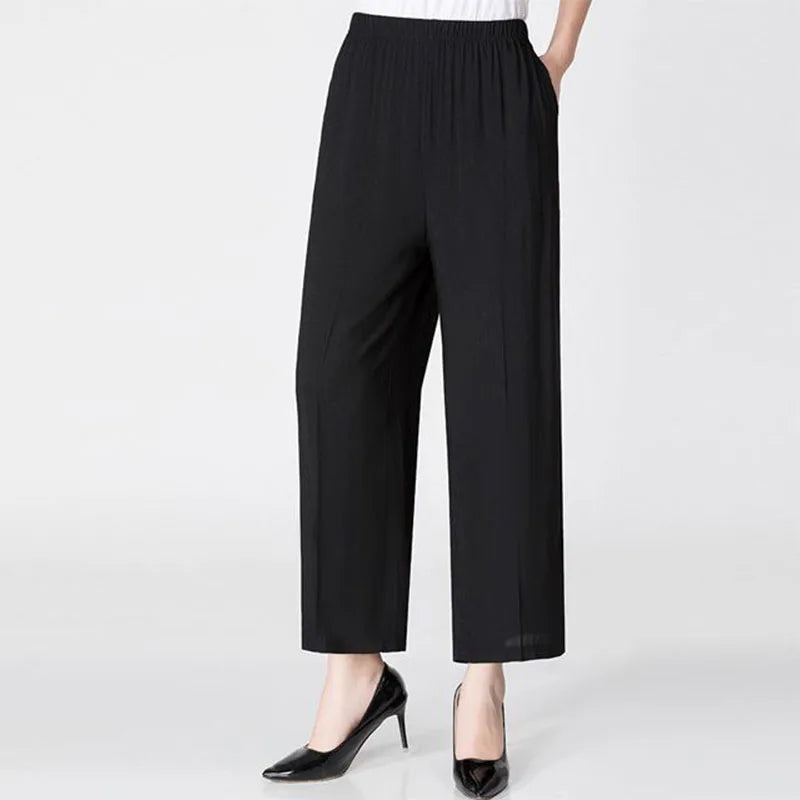 Pantalon large en coton pour femme, mode été, imprimé uni, taille haute, décontracté