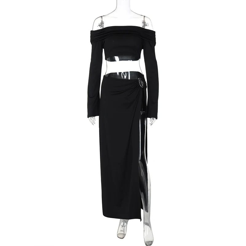 Off-Shoulder Long Sleeve Crop Top and Maxi Skirt Set