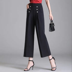 Women's Ice Silk Wide Leg Trousers with Button Pockets and Drape Style