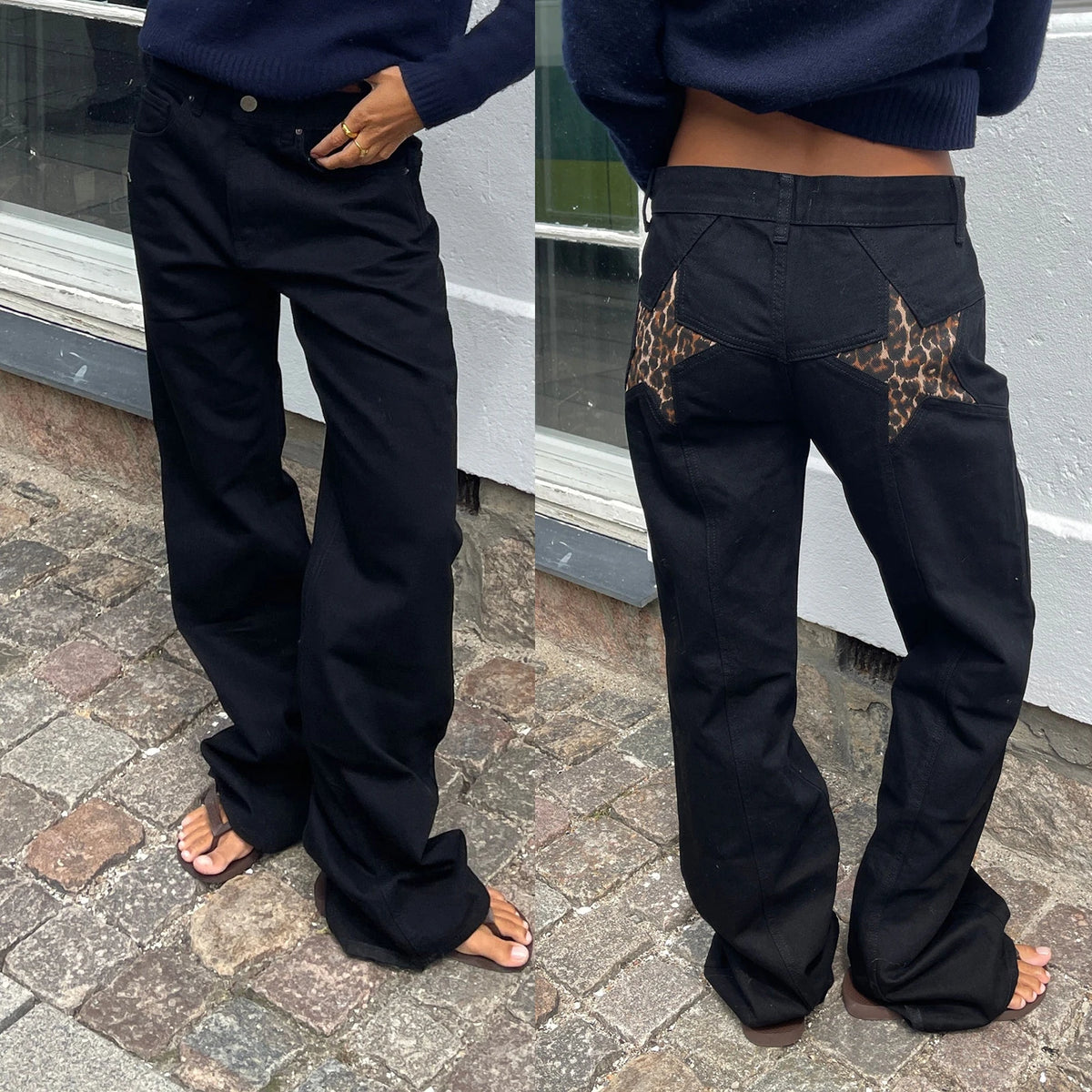 Pantalon en denim ample à jambe droite et à motif d'étoiles vintage pour femme