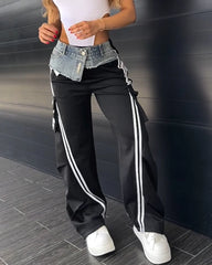 Fashion Women Denim Patchwork High Waisted Loose Trousers