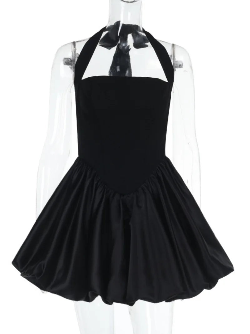Halter Neck Black Backless Bubble Dress for Short Party Events