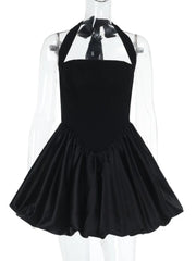 Halter Neck Black Backless Bubble Dress for Short Party Events