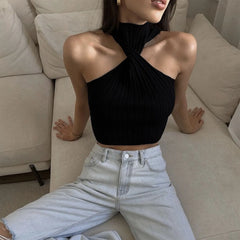 Knitted Sleeveless Halter Crop Top