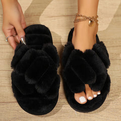 Women's Winter Fluffy Cross Strap Peep Toe Plush Slippers