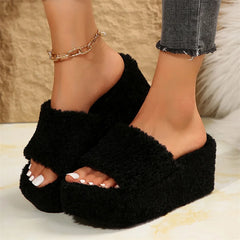 Winter Fluffy Wedge Slippers for Women In Beige