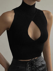 Cut-Out Knitted Tank Top – Sleeveless Turtleneck Clubwear