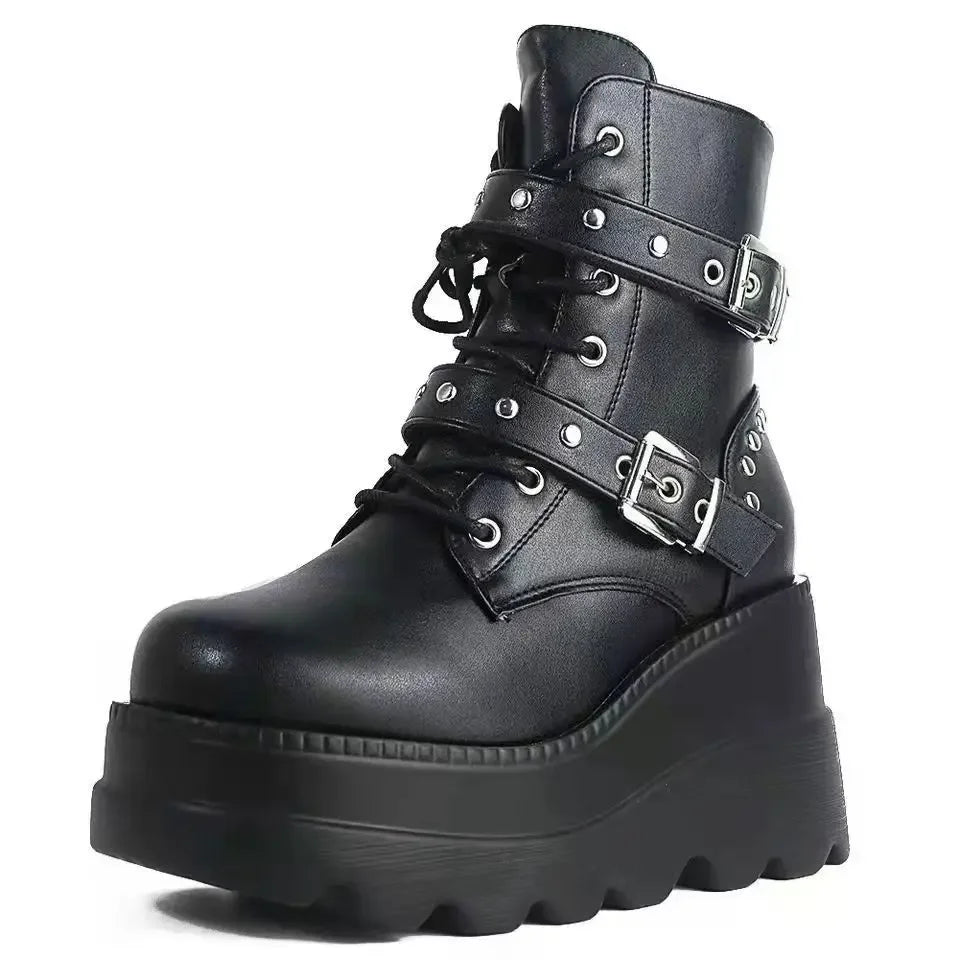 Women's Black Pu Leather Ankle Boots with Round Toe and Lace-Up