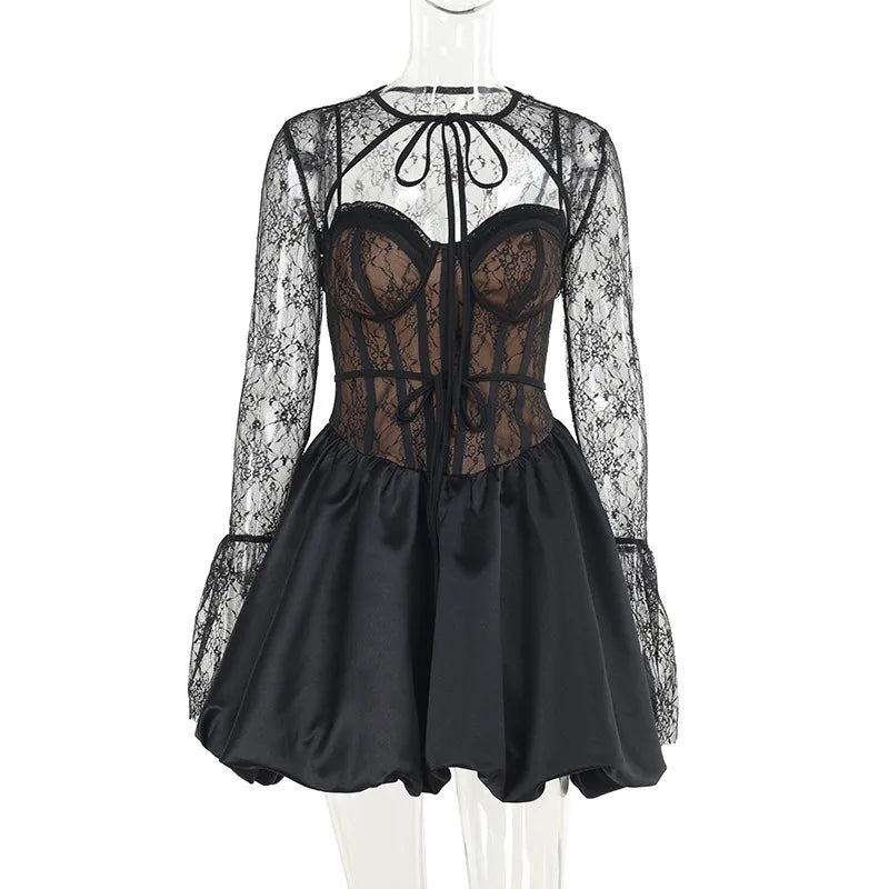 Elegant Black Lace Dress with Satin Skirt