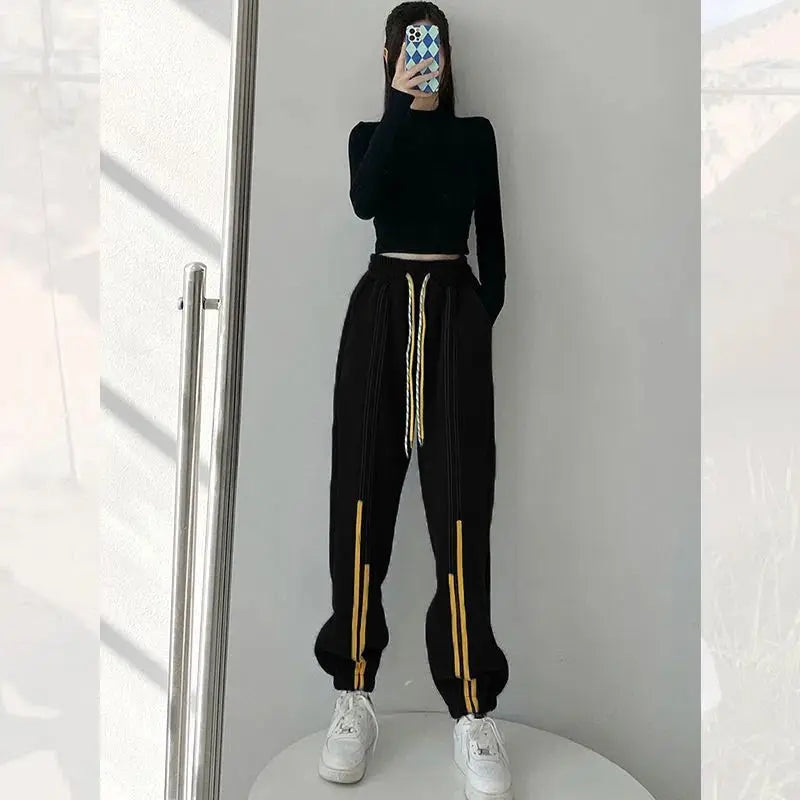 Plush Thicken Casual Drawstring Striped High Waist Pants for Women