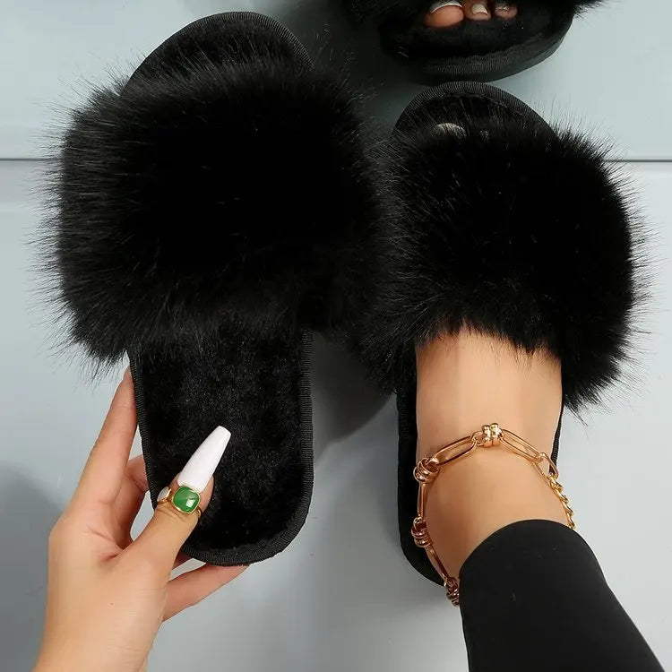 Women's Fluffy Plush Fur Slippers for Outdoor Use, Anti-Slip Design