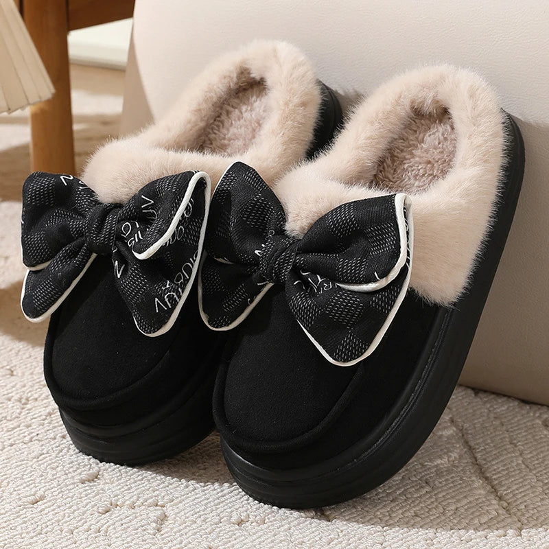 Women's Cute Bow Plush Home Slippers for Autumn and Winter