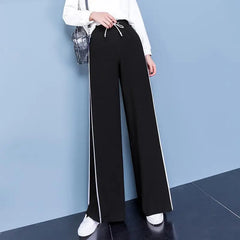 All-Match Black and White Drawstring Wide Leg Trousers for Women