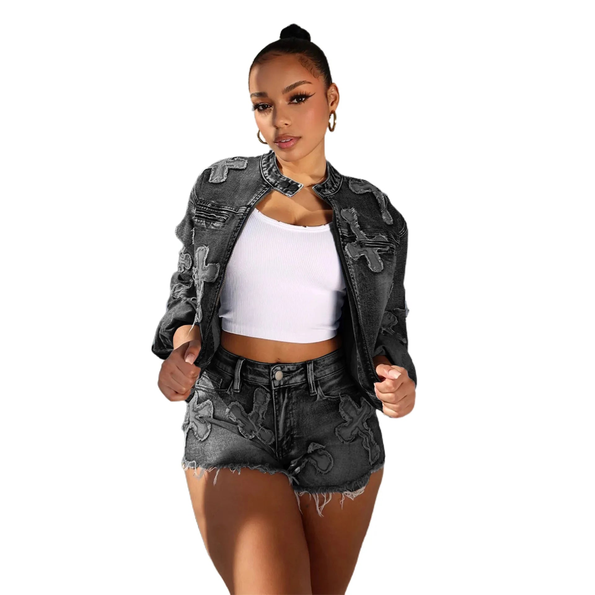 Women's Denim Embroidered Long Sleeve Jacket and Shorts Set