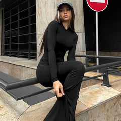 Autumn Casual Zip Up Bodycon Jumpsuit for Women in Black