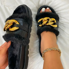 Women's Casual Open Toe Plush Slippers with Metal Chain Accent