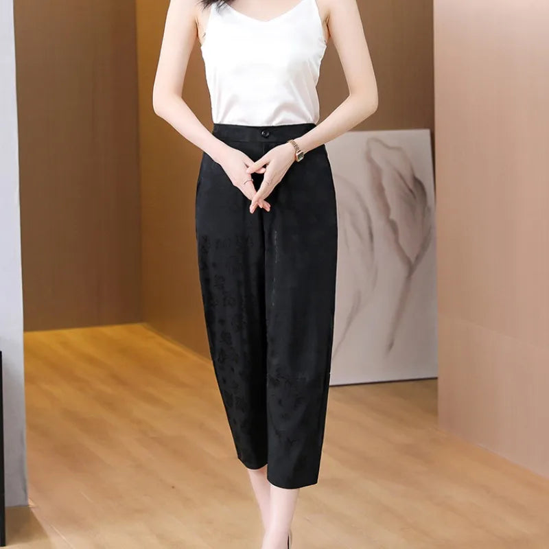 Women's Spliced Button Zipper Pocket Printed Slim Casual Pants