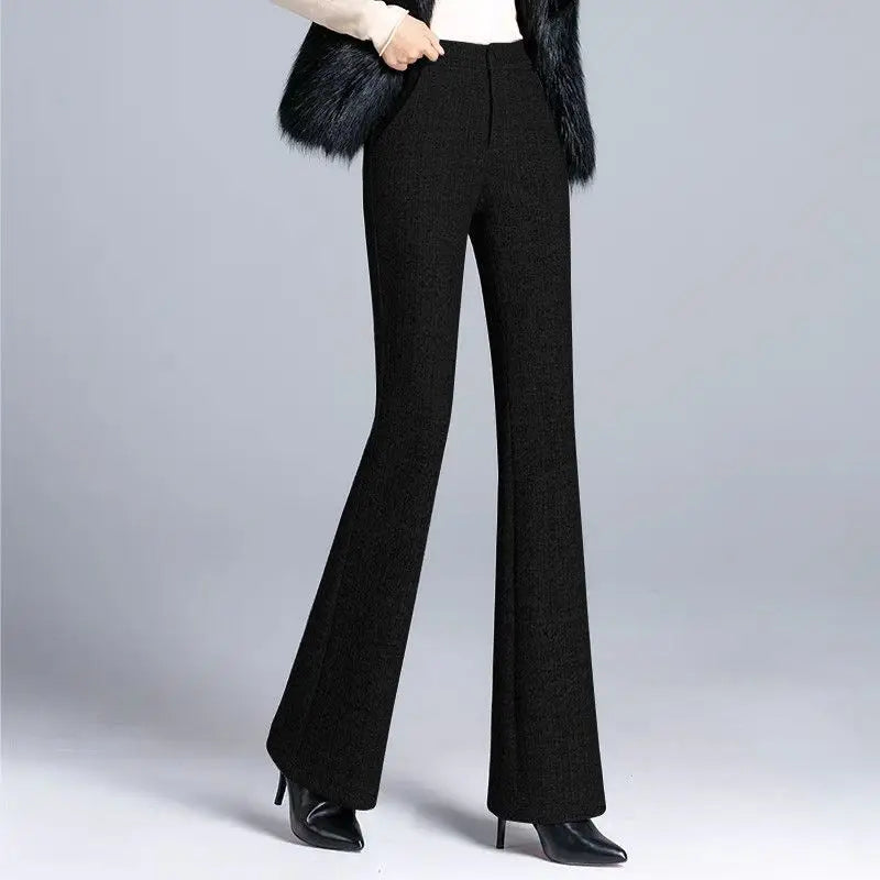 Office Lady Fashion Thicken Wool High Waist Flare Pants Women