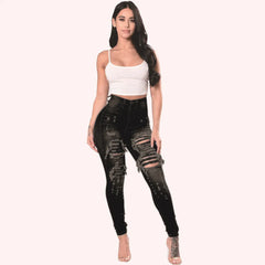 Pantalon décontracté en jean skinny extensible déchiré taille haute pour femme 