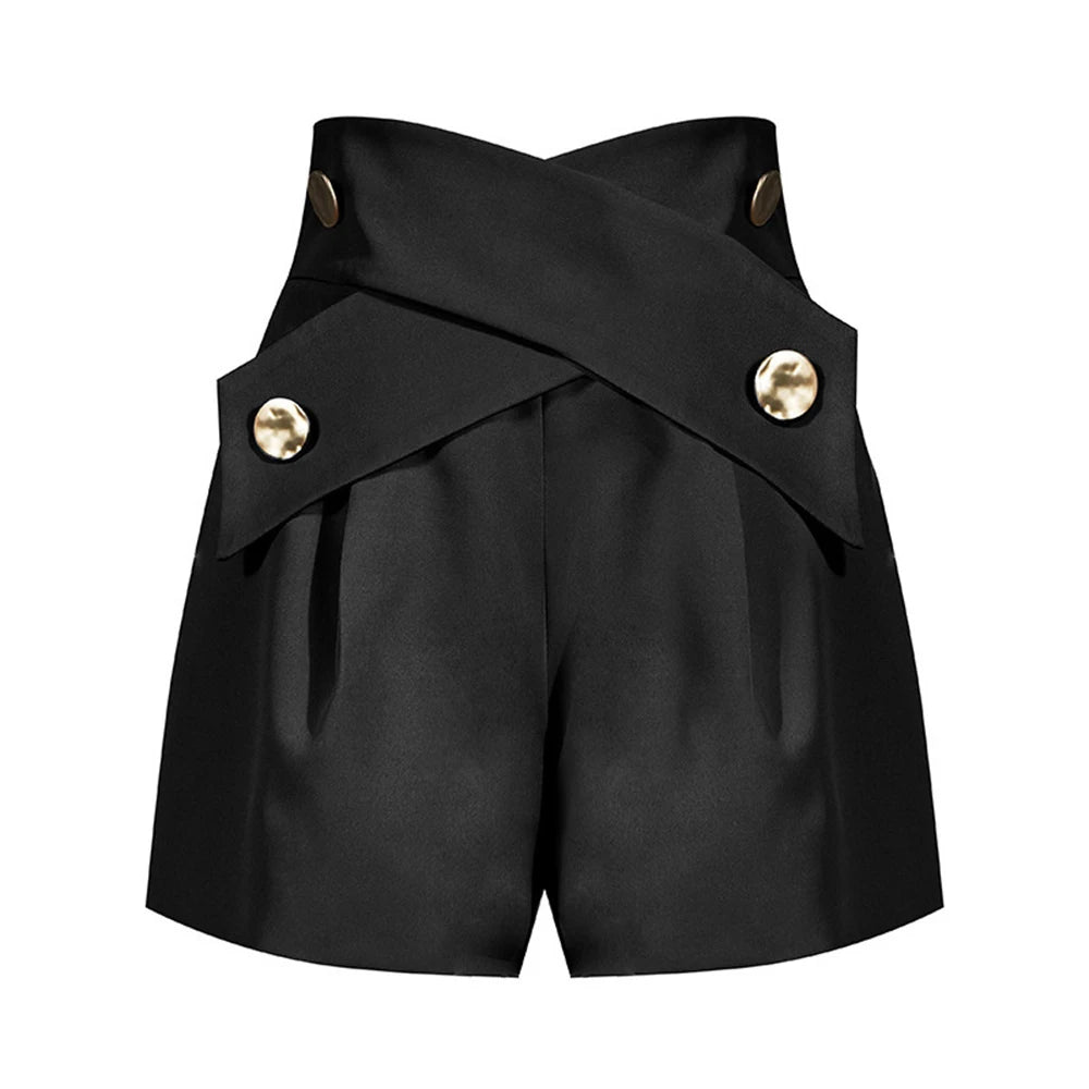 High Waist Casual Solid Crisscross Button Shorts for Women