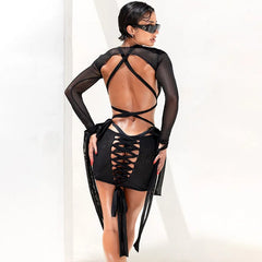 Women's Black Long Sleeve Backless Bandage Mesh Dress Set