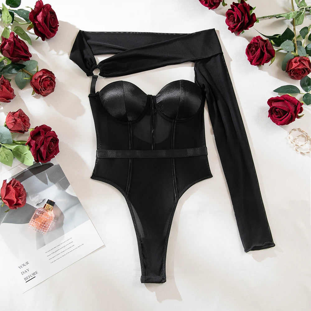 Body noir classique à manches longues et dos nu pour femme