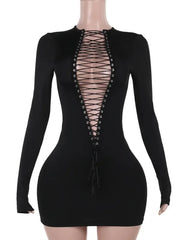 Hollow Out Bandage Mini Dress with Long Sleeves for Night Out