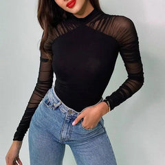 Women's Mesh Patchwork Turtleneck Ruched Bodysuit Top