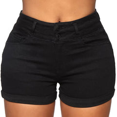 Women's Cotton Stretchy High Waist Cuffed Jean Shorts in White and Black