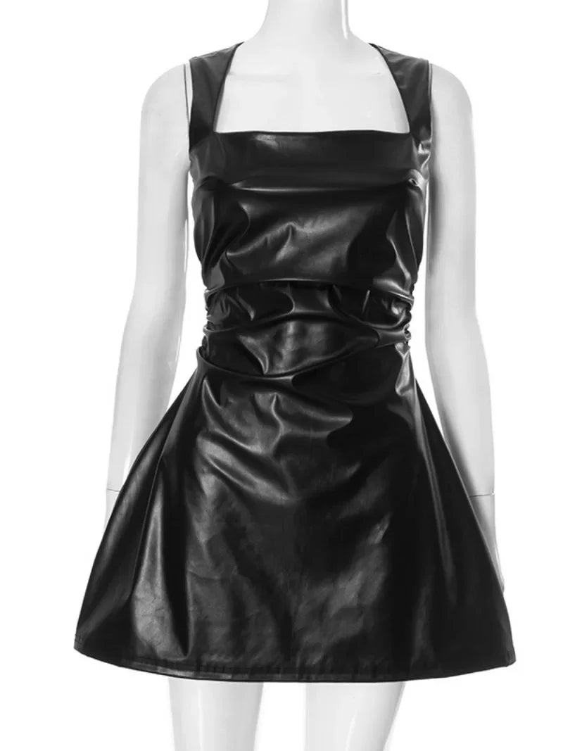 Faux PU Leather Black A-Line Tunic Dress with Square Collar