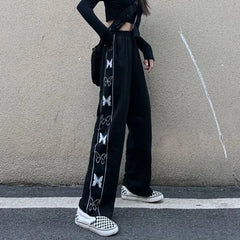 Butterfly Print Black Loose High Waist Wide Leg Trousers