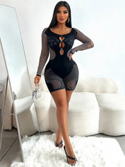 Mesh Slash Neck Playsuit with See-Through Hollow Out Diamonds