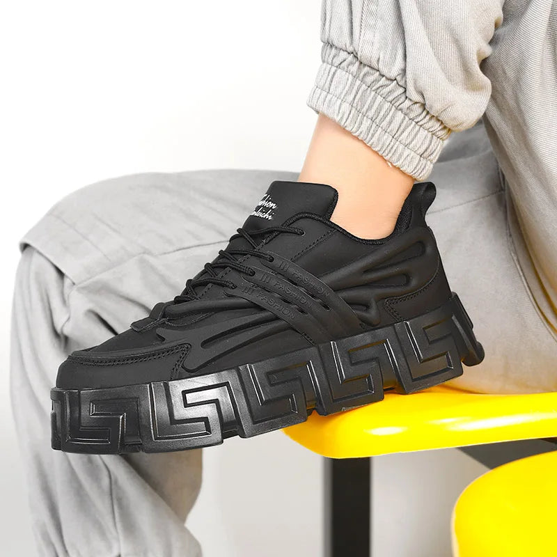 Chunky Black Walking Sneakers for Men with Thick Bottom Design