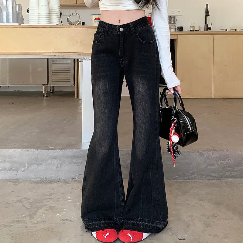 Women's High Waist Flare Jeans with Red Belt Loop Detail