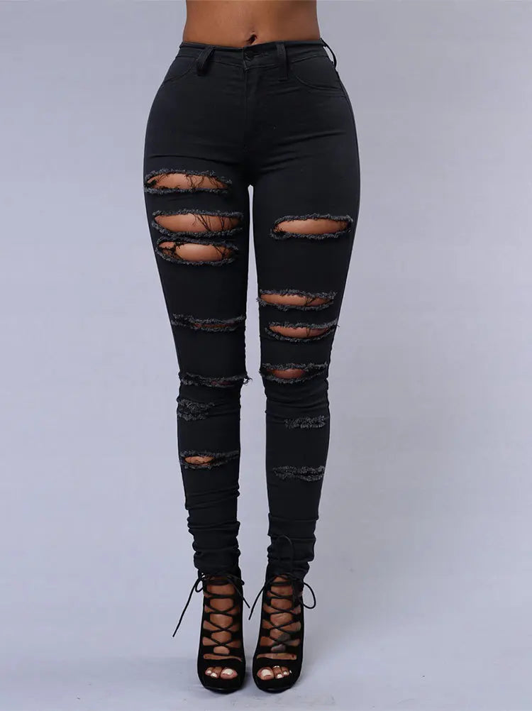 New Spring Summer Black and White Ripped Skinny Denim Pants