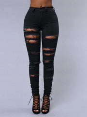 New Spring Summer Black and White Ripped Skinny Denim Pants