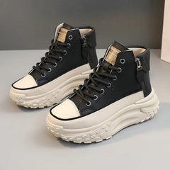 Women's Red Breathable High-Top Leather Sneakers for Summer Casual Wear