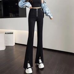 Black All-Match Patchwork Zipper Trousers for Women High Waist Slim Pants