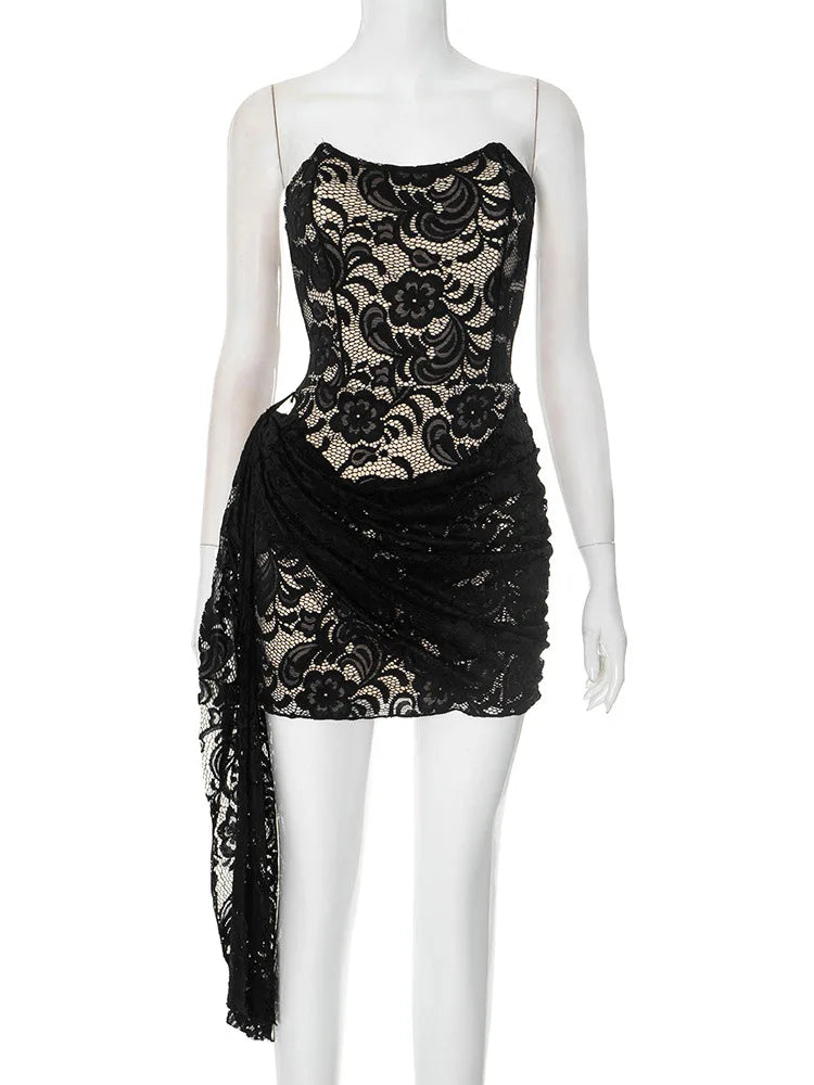 Elegant Black Strapless Lace Corset Short Dress for Women