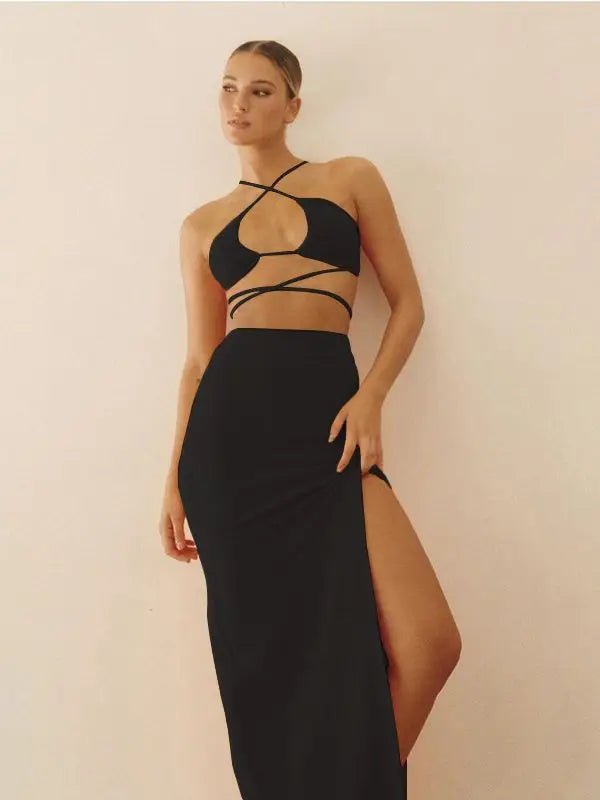 Bandage Cut Out Halter Neck Top and Skirt Set