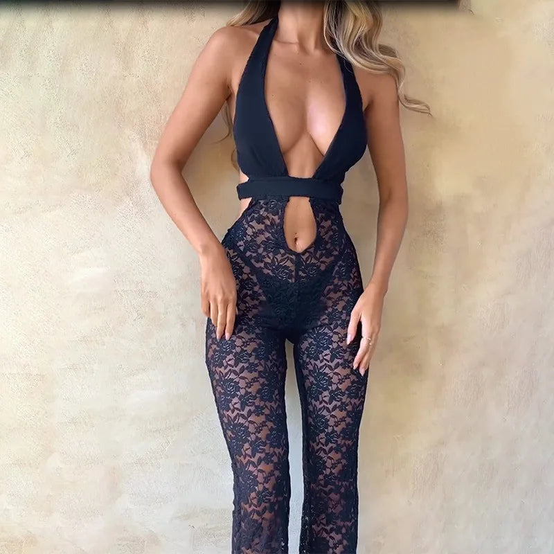 Halter Backless Lace Cut Out Jumpsuit with Flare Pants