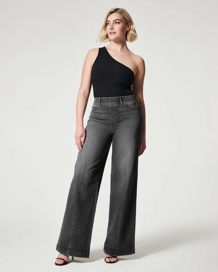 Women's High Stretch Mid Waist Denim Wide Leg Pants Casual Trousers