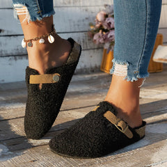 Women's Plush Fur Mules Slides with Buckle for Indoor Comfort